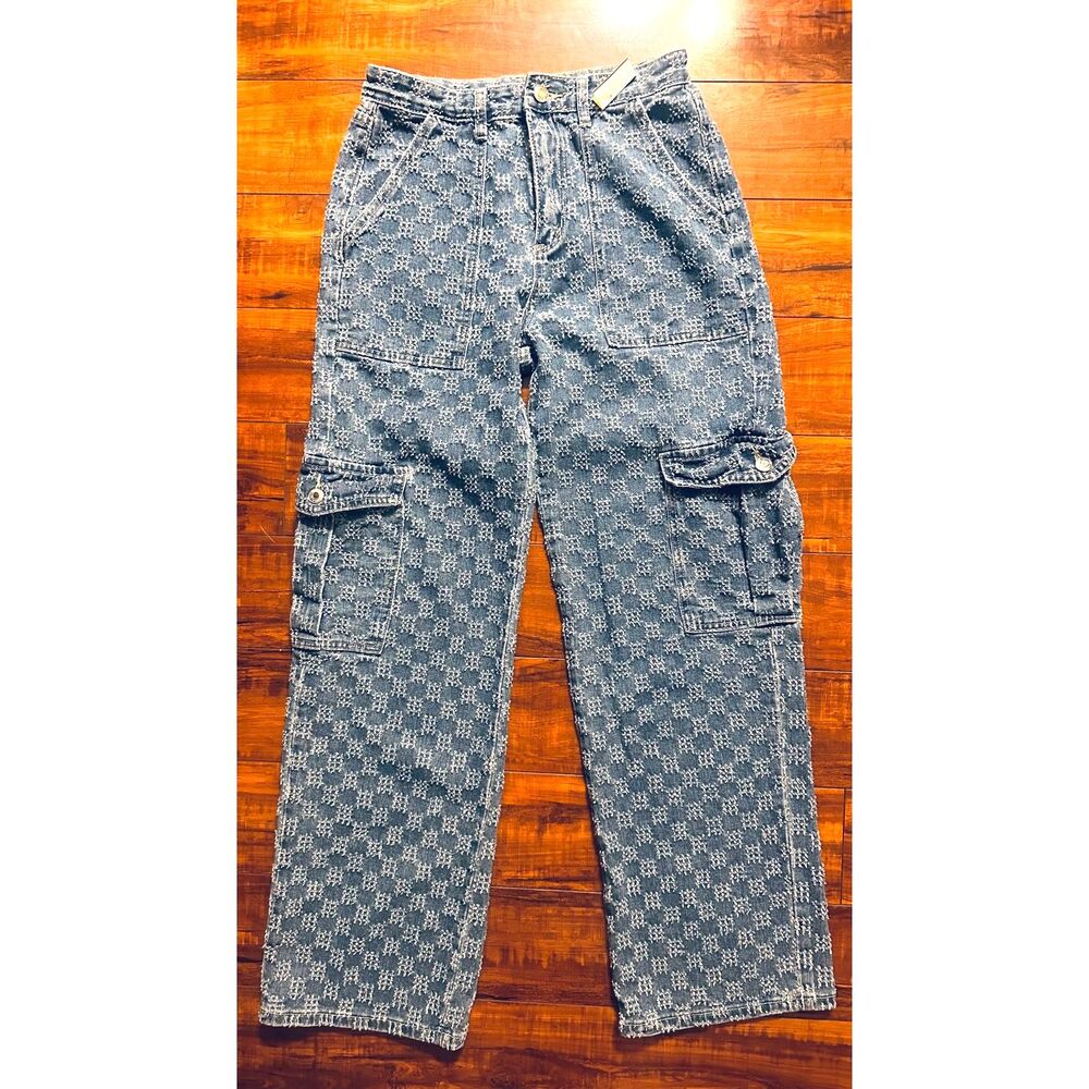 Denim Baggy Streetwear Cargo Stretchy High Waist Geometric Pattern Pants M